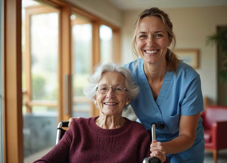 A caregiver assists an older adult with paperwork at a dining table, both appearing focused and comfortable.