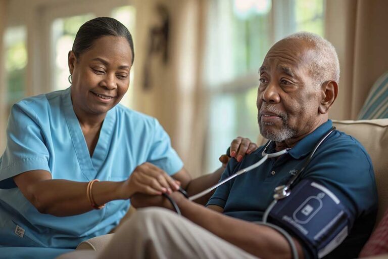 A nurse checks a senior man's blood pressure while seated together in a well-lit living room with home medical supplies nearby.