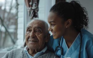 An elderly person and a caregiver sitting at a kitchen table sharing breakfast and conversation.